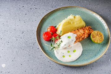 delicious grilled salmon steak with cream sauce
