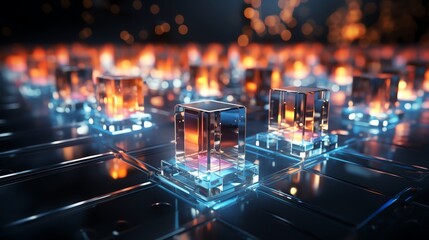 Obraz premium 3D qubits floating in a virtual space, front view, quantum computing visualization, deep blue with silver highlights, digital tone, Analogous Color Scheme