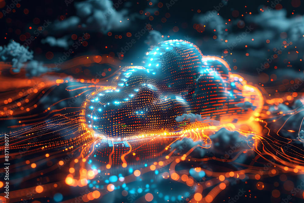 Poster futuristic cloud computing concept with glowing digital particles and abstract data visualization