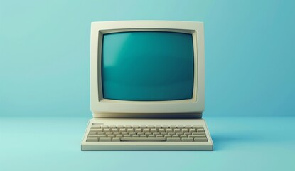 retro computer with blue screen on cyan background.