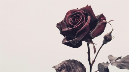 An exquisite dark red rose stands alone against a pristine white backdrop