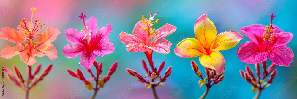 Poster Several vibrant flowers lined up in a row against a colorful backdrop, creating a visually striking display