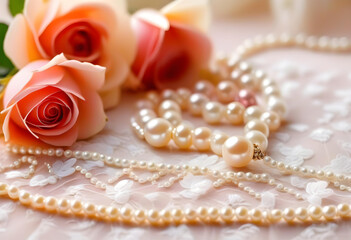 A pearls with roses on a lace background