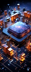 Obraz premium Quantum computing cores with floating qubits, front view, core processing units, deep blue with silver, futuristic tone, Complementary Color Scheme