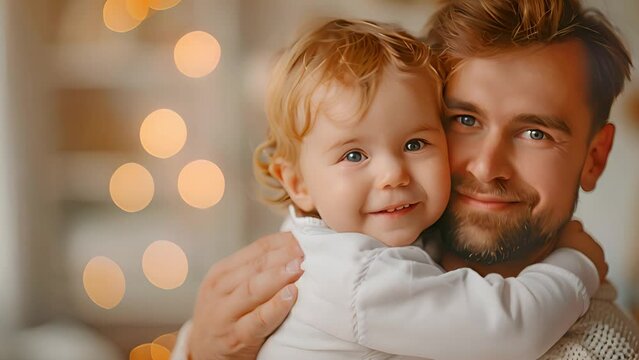 A man embracing his child warmly in front of a decorated Christmas tree, showcasing a heartwarming moment of love and family bonding during the holiday season.