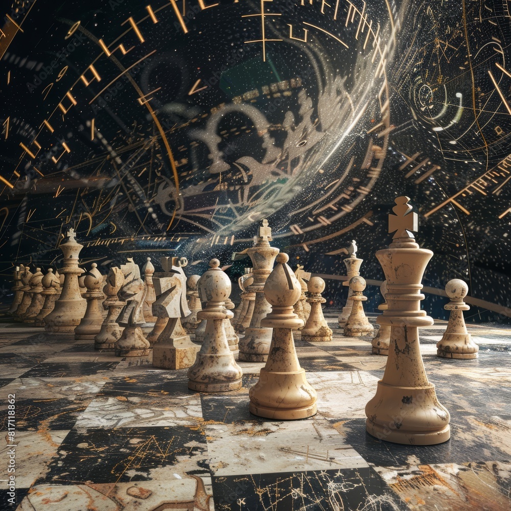 Poster abstract conceptual art of chessboard with mathematical equations representing strategy and educatio