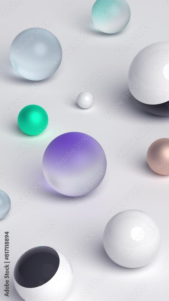 Poster abstract vertical animation, background design with rolling spheres, 4k seamless looped video, 3d re