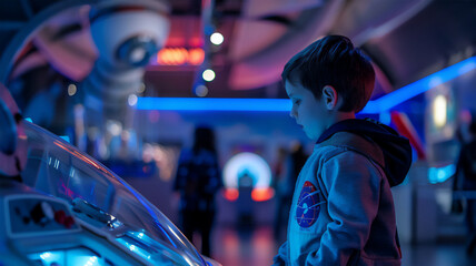 The child studies the exhibits of the space science museum with curiosity. children's cognitive interest in astronomy and space exploration.	
