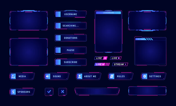 Game stream frames. Vector set of overlay frame, screen panel with buttons and video player for games streaming, live conference interface, twitch, leaderboard, broadcast. UI template.Cyber hud screen