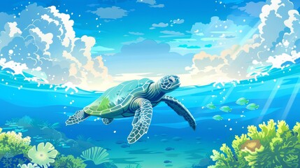 Turtle swimming in the ocean vector with copy space. world turtle day