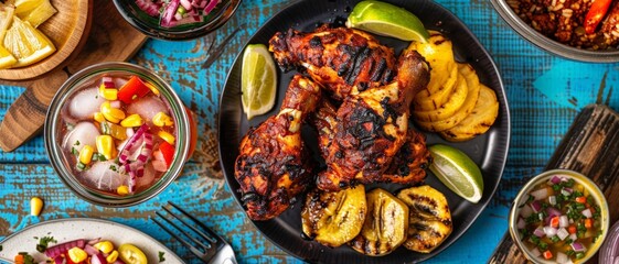 Top view of a colorful Caribbean meal including jerk chicken, plantains, and rum punch, using the rule of thirds, with ample copy space