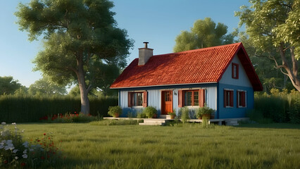 Obraz premium Cozy countryside house with red roof