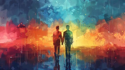 Fototapeta premium Two man walking away holding hands with bright colorful abstract background.