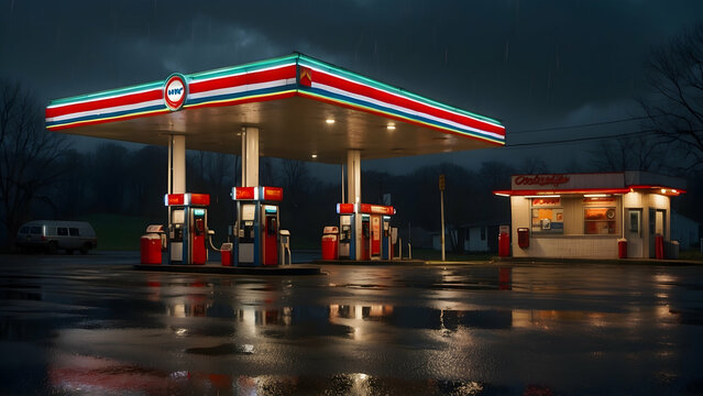 Rainy night at a retro gas station
