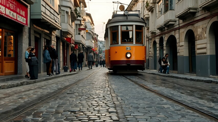 Fototapeta premium Vintage Tram on a Bustling City Street
