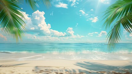 Fototapeta premium Sunny beach with palm trees, ocean view, and clear skies