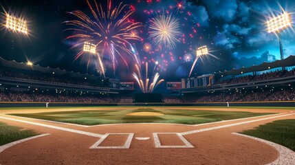 Holiday Fireworks at a Baseball Game During a Summer Evening