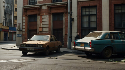 Vintage cars parked on an urban street