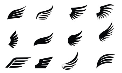Wings logo. Wing silhouette insignia, angel winged emblems. Eagle, aviation symbols. Vintage tattoo, freedom graphics vector set