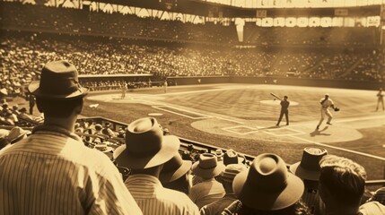 Vintage Baseball Stadium Scene with Fans in Period Attire