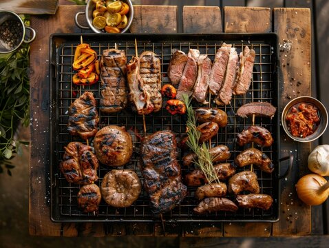 Top view of a South African braai with various grilled meats, using the rule of thirds, with ample copy space
