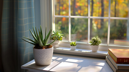 a sunlit study room with potted succulent plants and books, the view outside the window showing autumnal trees in full color, detailed snapshot of a quiet nook, perfect for reflection or reading