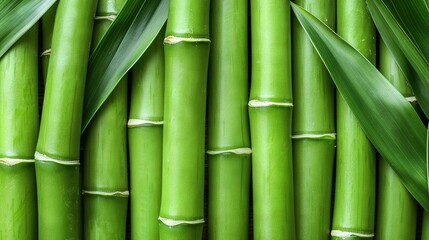   A close-up view of green bamboo stalks with leaves on both ends
