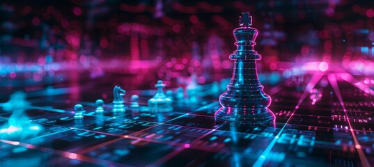 Neon-Lit Binary Code Chess Piece on Circuit Board for Software Development