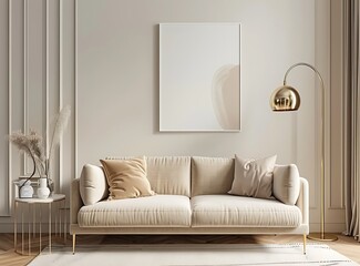 A stylish living room interior with modern decor, featuring an elegant sofa and chic side table