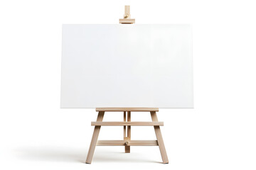 A detailed mockup of a blank canvas on an easel on a solid white background
