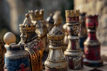 Medieval Chess Set Display in Ancient Castle Environment