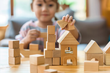Young girl building with wooden blocks, creating house models.