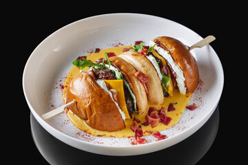 delicious cheeseburger with beef patty in a cheese bath