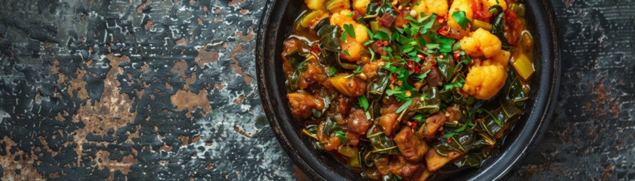 Top view of Ethiopian kitfo with collard greens, using the rule of thirds, with ample copy space, spicy and rich, high-quality image