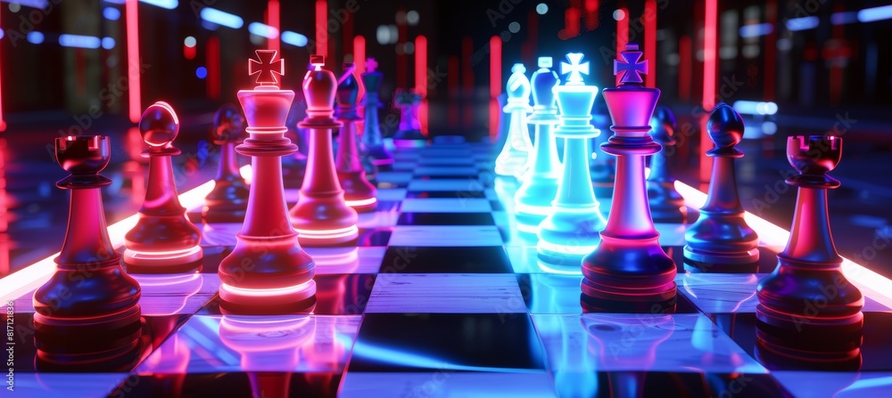 Poster neon-lit chess game in startup hub, symbolizing business strategy and dynamics