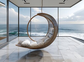 A stylish suspended chair with a cushioned seat and backrest, positioned in front of floor-to-ceiling windows overlooking the ocean waves, 