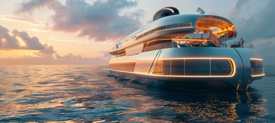 Futuristic Autonomous Cruise Liner at Sunset with Robotic Waitstaff and AI Entertainment
