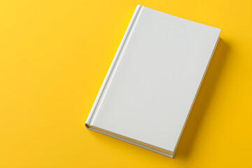 A vibrant mockup of a blank book cover on a solid yellow background 