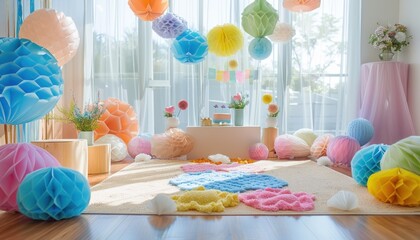 Aqua balloons and magenta pom poms decorate a fun birthday party room