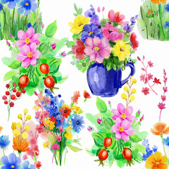 Hand drawn watercolor flowers. Seamless elegant pattern. 