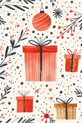 Textile pattern with holiday gifts, branches, berries, and ornaments