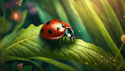 Fototapeta premium ladybug on green leaf