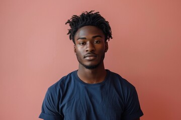 A mockup of an athletic male model wearing the navy blue Bella Canvas 3001 Tshirt, standing upright with his hands in front or behind him