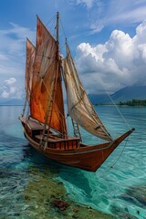 a simple tribal wooden medium size SHIP TRIBAL SHIP IN THE YEAR 1500 IN THE MIDDLE OF THE OCEAN, colorful 2 sails, YEAR 1500, minimalis, simple,