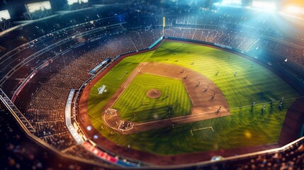 Nighttime Baseball Game at a Fully Packed Stadium, High-Angle View