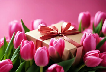 Fototapeta premium 'day anniversary Festive birthday mother's gift Spring easter Women's tulips Closeup bunch pink Background Pattern Flower Nature Easter Spring Love Space Gift Floral Beauty Garden Green Card Color'