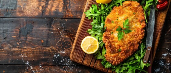 Top view of Argentinian milanesa with lemon, using the rule of thirds, with ample copy space, crispy and zesty, high-quality image