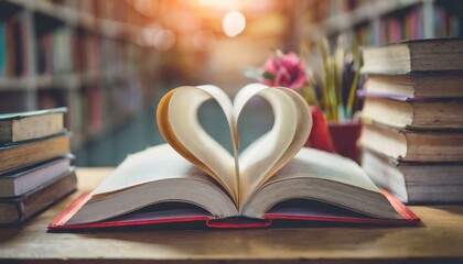 Fototapeta premium Love story book with open page of literature in heart shape