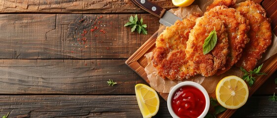 Top view of Argentinian milanesa with lemon, using the rule of thirds, with ample copy space, crispy and zesty, high-quality image