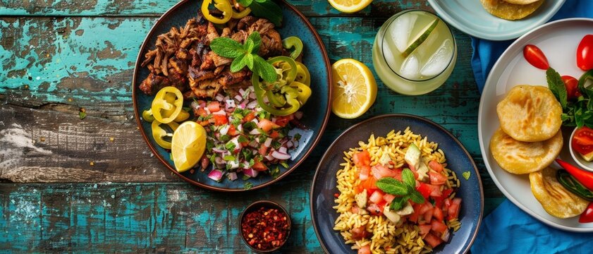 Top view of a vibrant Cuban meal including ropa vieja, tostones, and mojito, using the rule of thirds, with ample copy space